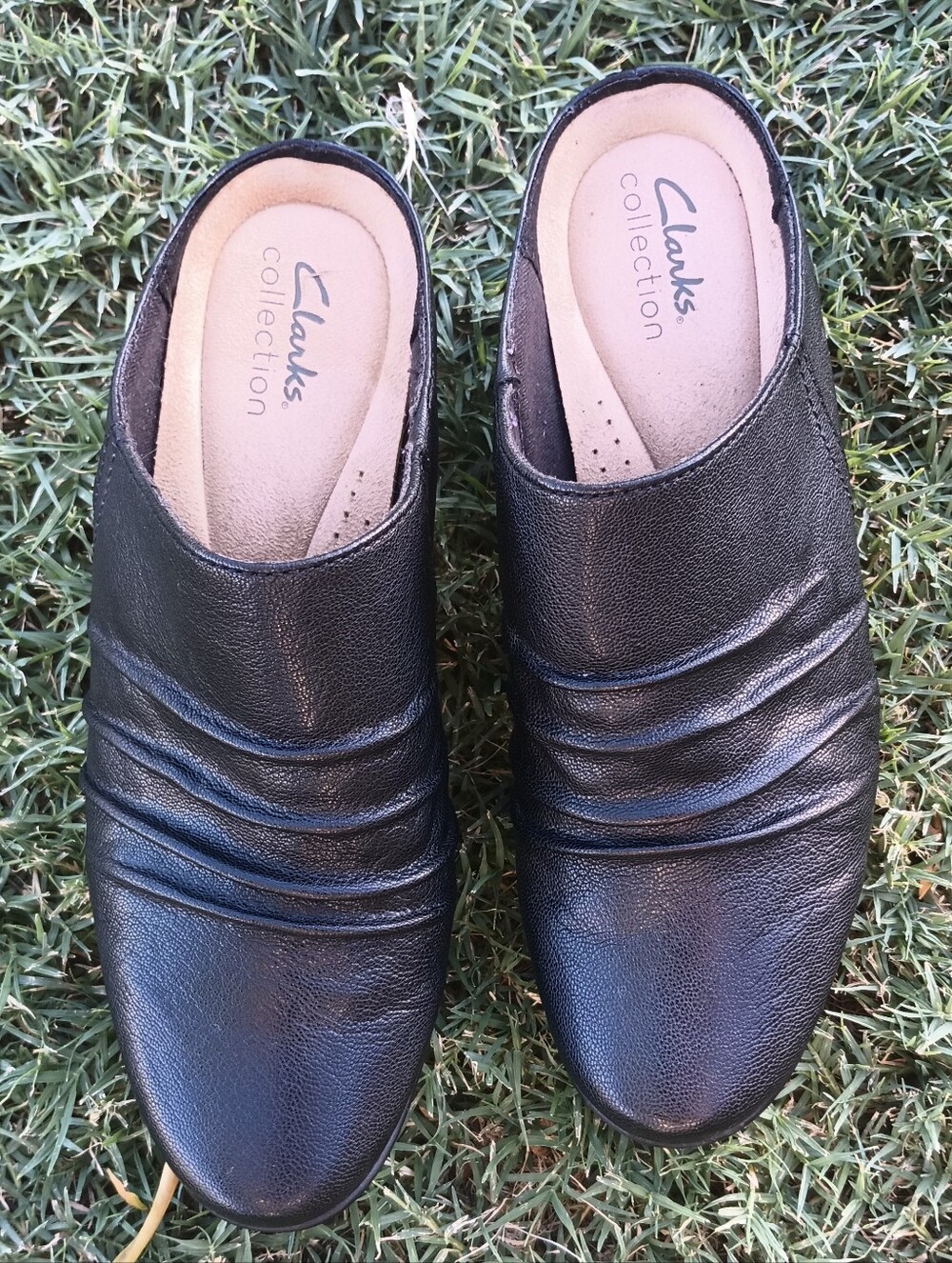 Clarks Black Leather Slip-On Mules with Ruched Vamp